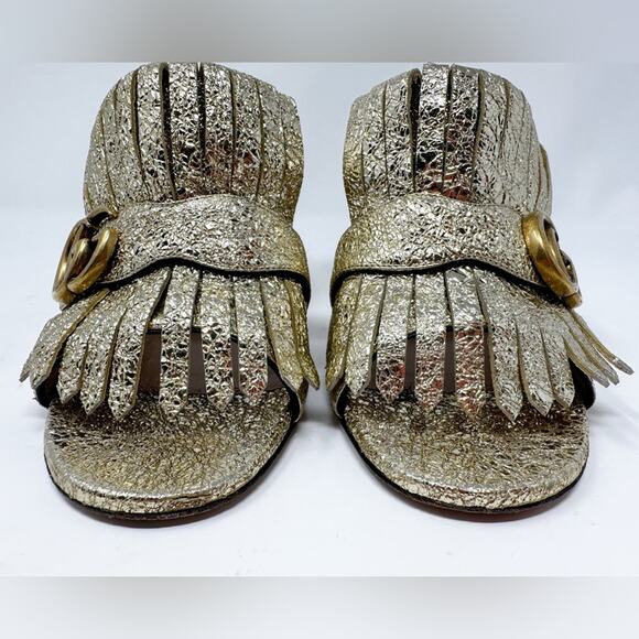 Gucci Marmont GG Mules Gold Leather Sandals - Picture 3 of 11